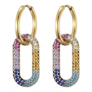 Gold Colorful Crystal Oval Hoop Earrings NEW